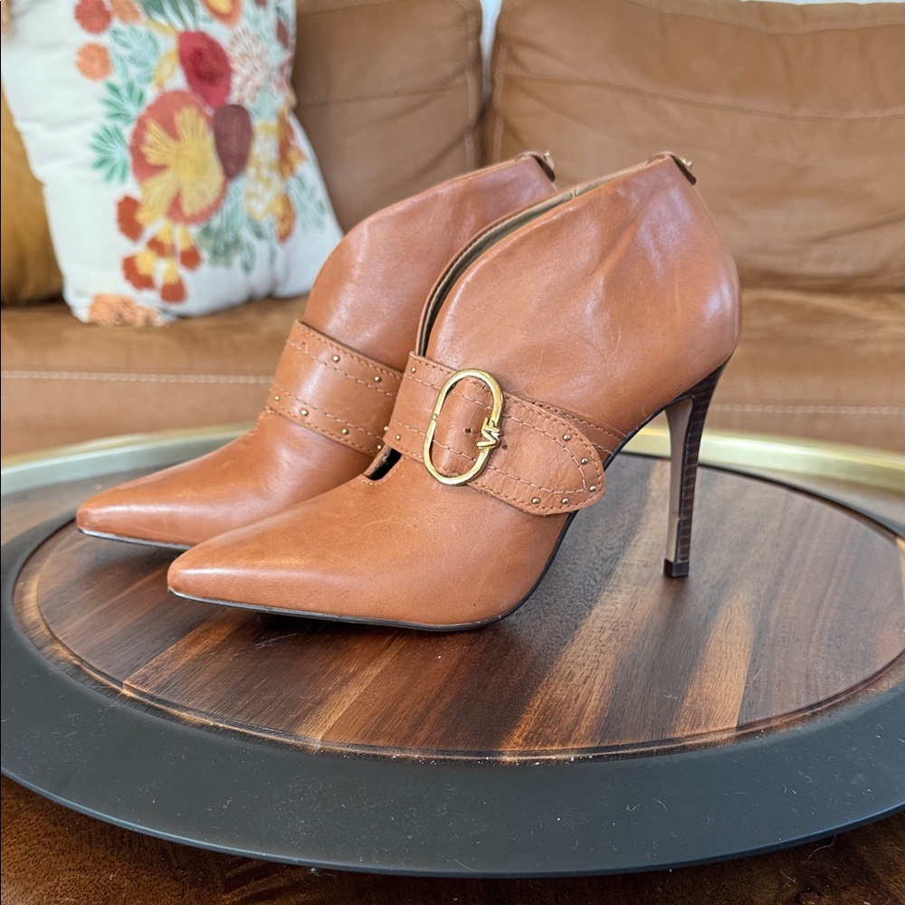 Pointed-Toe High Heel Ankle Booties with Gold Buckle - Tan